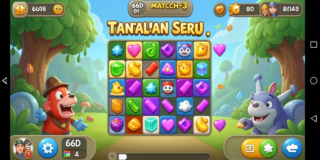 Tangkapan layar gameplay 66D menampilkan keseruan mencocokkan permata.