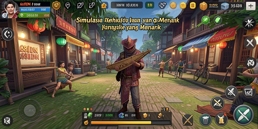 Screenshot gameplay menunjukkan dunia virtual yang penuh warna dan interaksi.