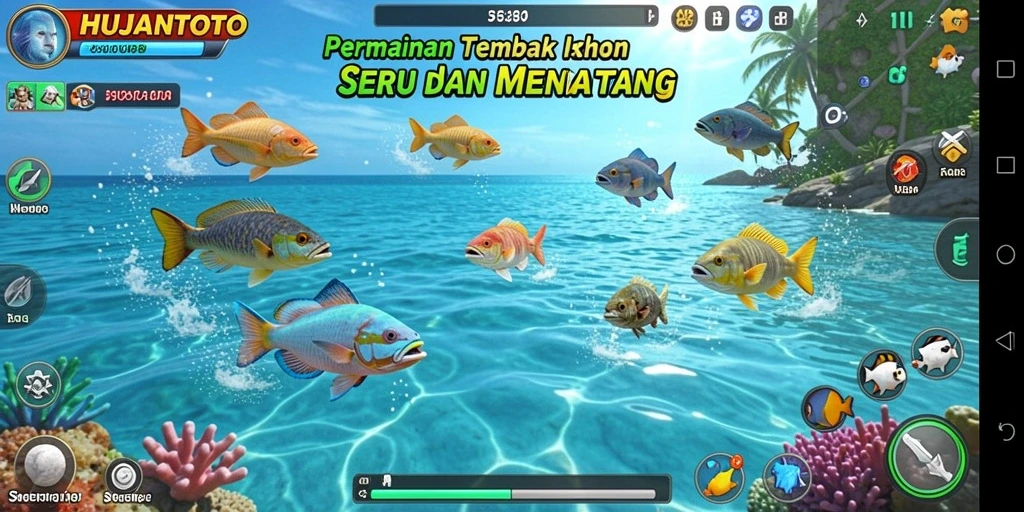 Screenshot gameplay HUJANTOTO menampilkan aksi seru dalam berburu ikan.