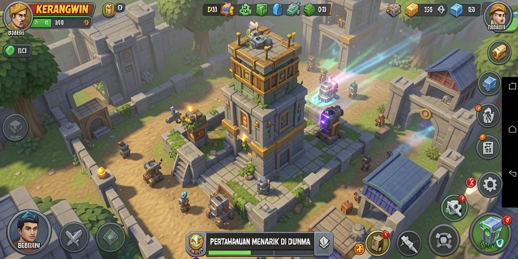 Tangkapan layar gameplay KERANGWIN yang menampilkan aksi menara pertahanan.
