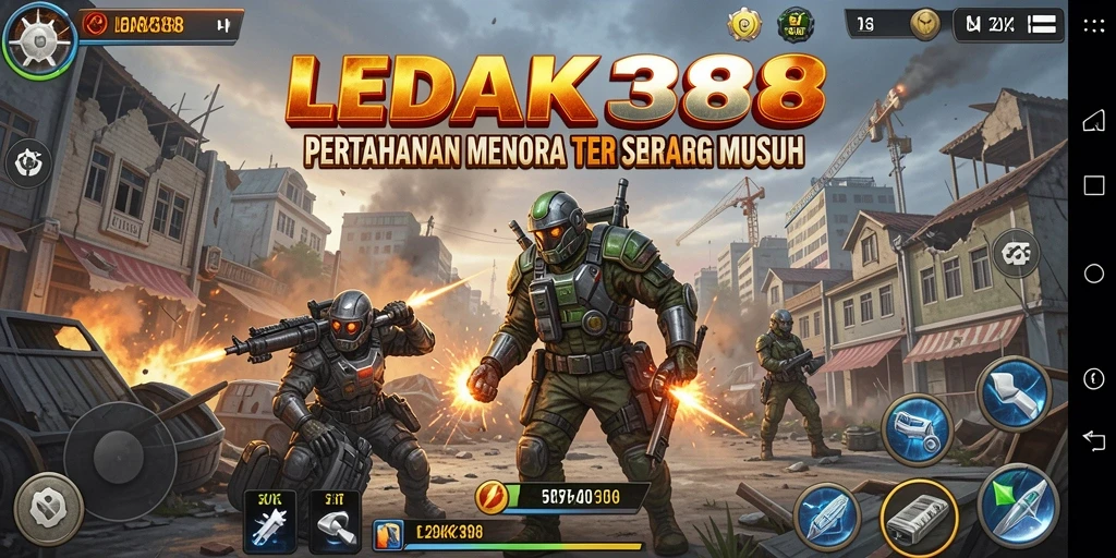 Screenshot gameplay Tower Defense LEDAK388 yang menampilkan pertahanan menara.