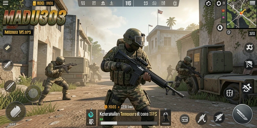 Tampilan gameplay seru dari MADU303 saat bertempur dalam mode TPS.