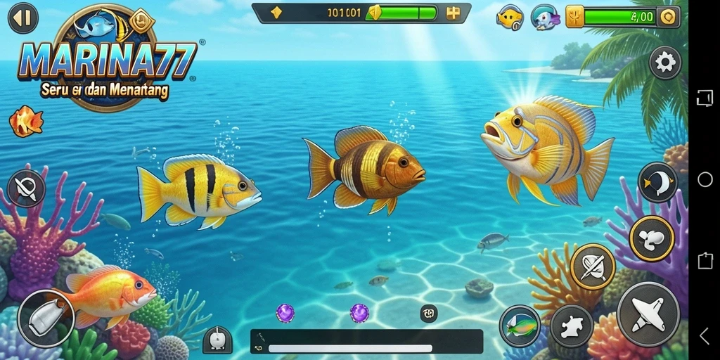 Screenshot MARINA77 menampilkan gameplay seru saat berburu ikan.