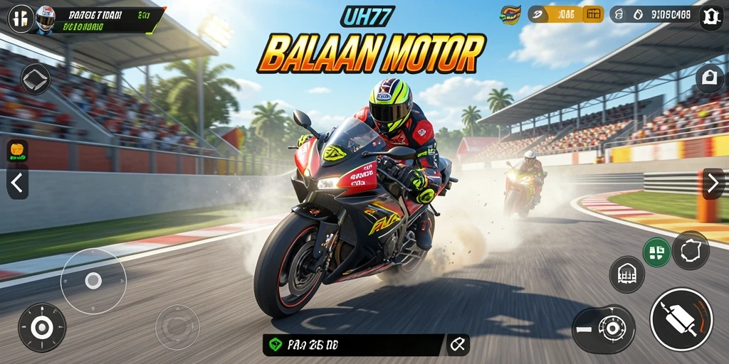 Tampilan gameplay UH77 dengan aksi balapan motor yang menegangkan.